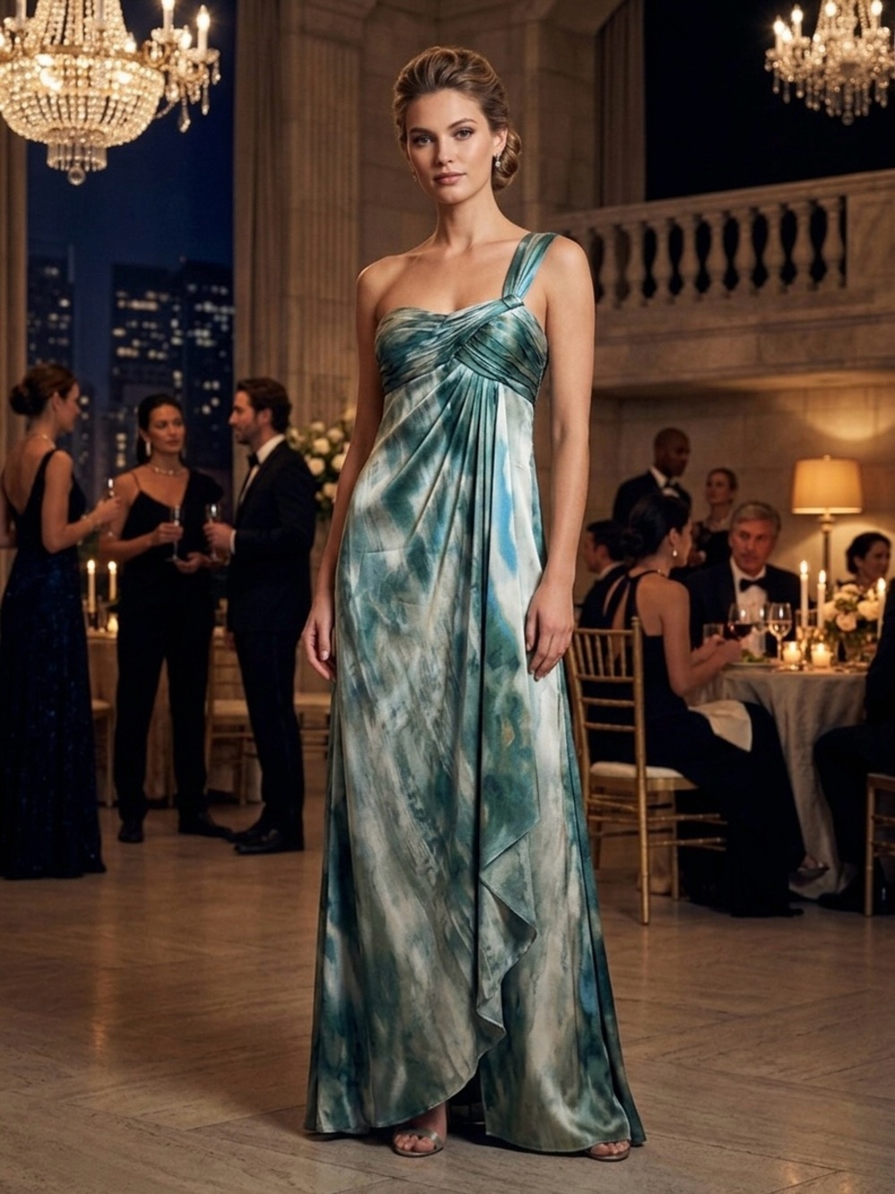 Rickie Freeman for Teri Jon One-Shoulder Green Watercolor Satin Gown Dress Sz 2